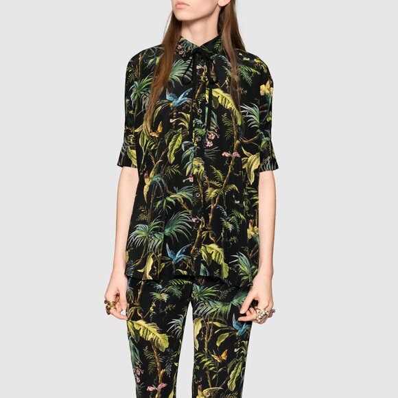 GUCCI SHIRT TROPICAL PRINT SILK CAPE TOP GROSGRAIN TIE BLOUSE sz IT 40 US 4 - Picture 1 of 12